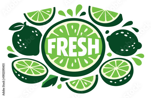 Graphic lime fruit set featuring whole fruits, slices, and splashes with 'Fresh' text for beverage and food product design