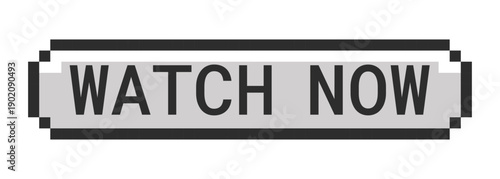 Watch now monochrome pixel art button. Prompt to instant view video, livestream. Media play. Live stream. Grayscale retro UI. 8-bit style CTA. Pixelated 16bit web sticker. Roboto Mono font used