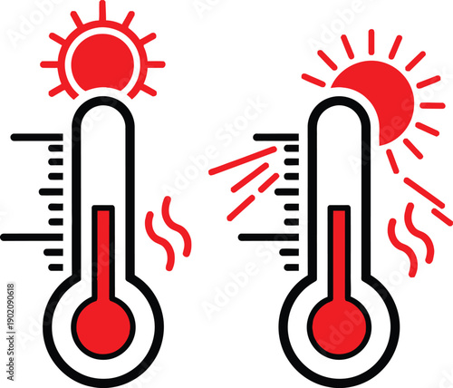 Graphic Vector Illustration of Hot Thermometers with Sun Rays Representing High Summer Temperature and Heatwave Conditions