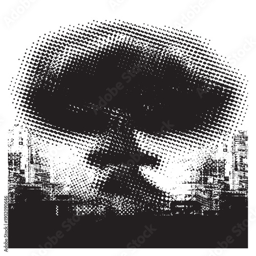 Vector pixel nuclear explosion mushroom cloud with halftone effect on grunge background. Suitable for anti-war posters dedicated to nuclear war. Urban, street art, t-shirt. No AI 