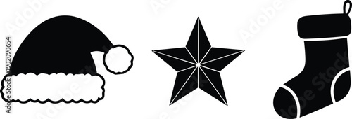 Black Christmas silhouette vector illustration, festive Santa hat, five-point star, and stocking holiday decoration seasonal design art