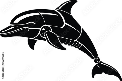 silhouette robotic mechanical dolphin jumping in a futuristic aquatic vector design
