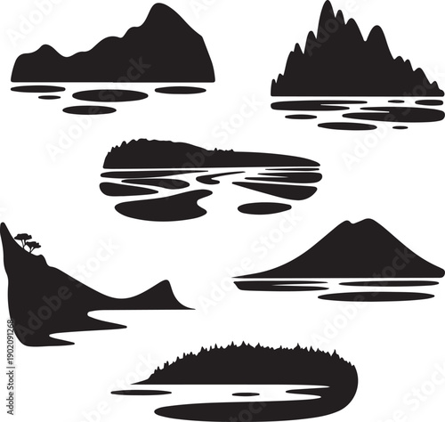 black and white silhouette of various islands and mountains