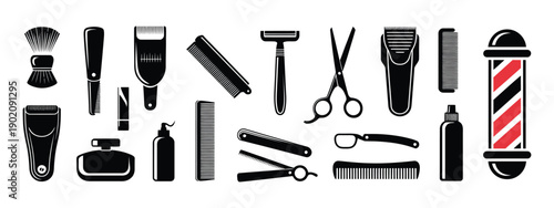 Barber Tools and Haircut Icons Set for Men, Professional Barbershop Equipment Collection with Scissors, Clippers, Razor, and Styling Symbols for Grooming and Hair Salon Design