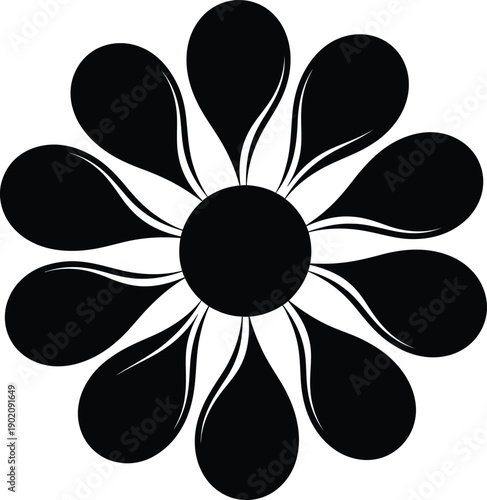 Dynamic black graphic icon featuring abstract swirling petals, reminiscent of a blooming flower or a rapid mixing motion
