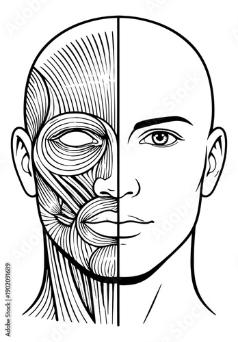 Line art illustration of human head depicting facial anatomy and skin features for medical education