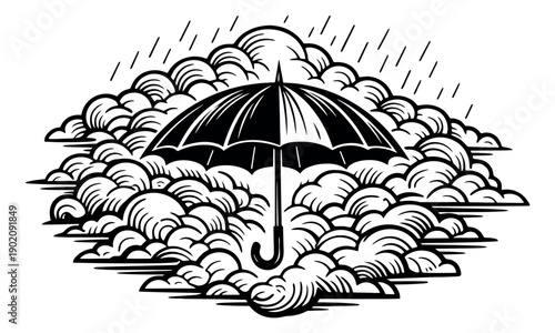 Stylized line art illustration of an umbrella depicting a rainy weather scene for protection concepts