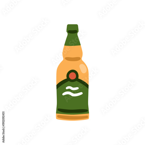 Beer bottle with abstract label. Cold alcoholic beverage. Brewery, alcohol, hop liquid in glass packaging. Bar drink, ale. Flat vector illustration isolated on white background