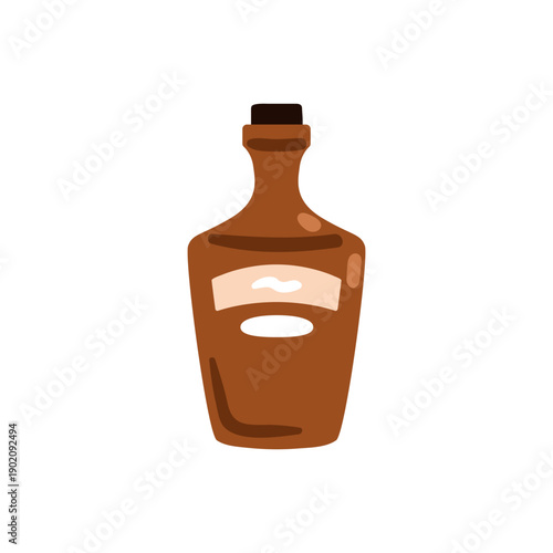 Alcohol in vintage bottle with abstract label. Alcoholic drink in corked packaging. Strong spirit, liquor. Whiskey, brandy, aged beverage. Flat vector illustration isolated on white background