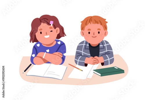 School children at desk. Happy smiling boy and girl classmates sitting together with books, papers, stationery. Elementary kid students at table. Flat vector illustration isolated on white background