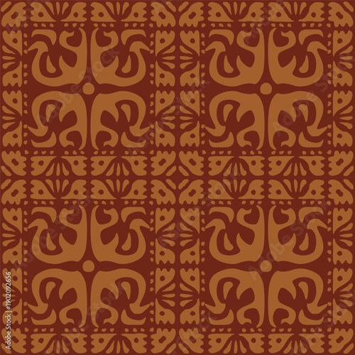 Antique ornate tiles talavera. Fashionable textile design. Brown ethnic background. Slavic embroidery style. Fabric print for T-shirts. Vector seamless pattern