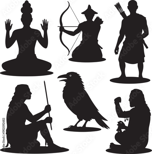 black silhouettes of people and a bird on white background