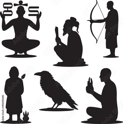 black silhouettes of people and a bird in various poses and activities