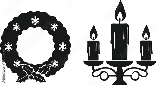 Black Christmas wreath and candelabrum silhouette vector illustration, festive holiday decoration with candles, holly leaves, berries, seasonal design art