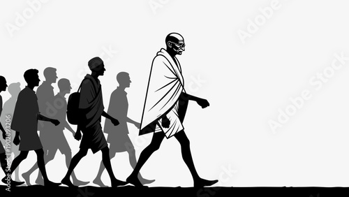 Indian Freedom Fighter Mahatma Gandhi Vector Sketch Marching with People Silhouette to Celebrate Gandhi Jayanti and National History