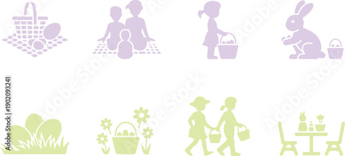 Diverse Easter and spring celebration silhouettes showing family activities and nature elements
