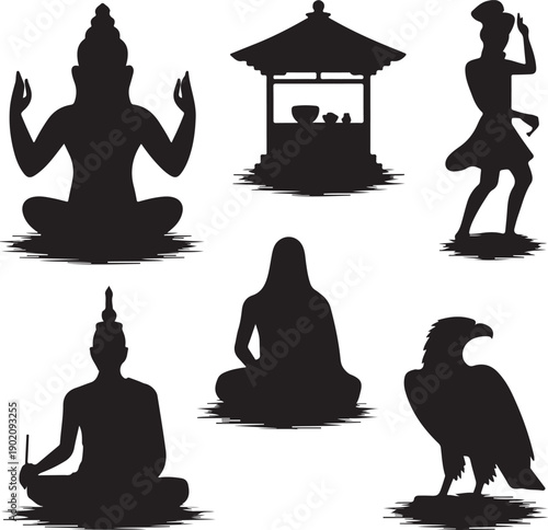 black silhouettes of people and animals on white background