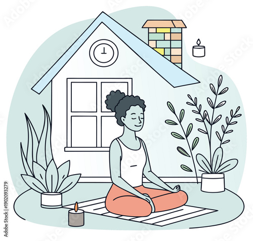 A beautiful lady sits in a relaxing lotus yoga pose in a garden while a girl nearby enjoys reading a book, creating a healthy lifestyle vector illustration