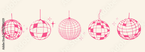 Disco ball pink set, sketch y2k line tattoo creative. Retro bachelorette doodle party hand drawn decoration. Music, party, and vintage.
