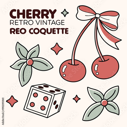 Cherry poster. Retro lucky dice. Vintage cherries with bows, ribbon, leaves, dice, star. Prints with text and slogans. Red coquette style Valentines sticker. Vector casino card