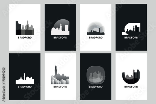 Bradford skyline vector logos, icon set. Pack of cityscape contour, abstract silhouettes series. Isolated graphic collection for England UK city