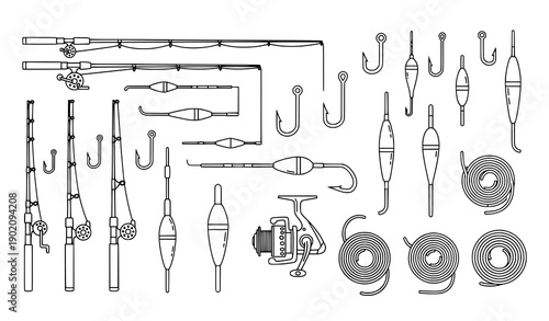 Black thin line fishing line icon set with editable strokes vector