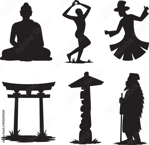 black silhouettes of people and structures on white background