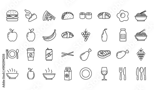 Black thin line food icon set vector for meals, dishes, and fruits