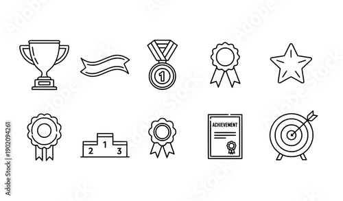 Award and success line icon set vector with trophies, medals, and goals isolated on white