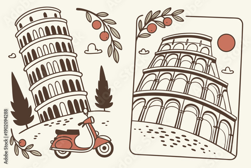 Italian sticker. Hand drawn Dolce Vita posters. Mediterranean culture, food. Vintage sculpture on print stamp. Doodle Italy vacation decorative elements in card frame. Vector set