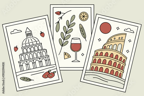 Italian sticker. Hand drawn Dolce Vita posters. Mediterranean culture, food. Vintage sculpture on print stamp. Doodle Italy vacation decorative elements in card frame. Vector set