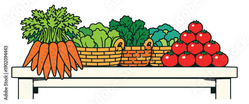 Hand drawn line art fresh produce set featuring carrots, lettuce, broccoli, and tomatoes on a market stand for healthy eating