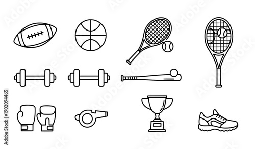 Sports equipment thin line icon set black outline vector isolated on white