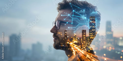 Technology future digital cyberspace futuristic concept with network business datum communication overlay on male head profile and city light trail background