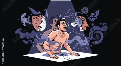 Mental health concept of man fighting inner demons and anxiety vector