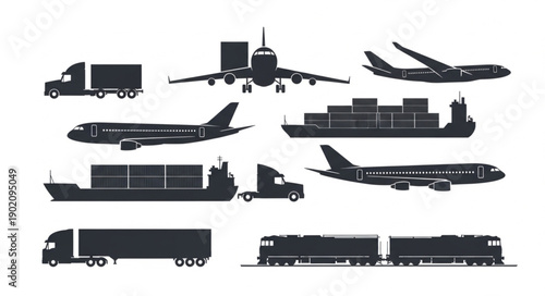 Collection of Transportation Silhouettes Including Trucks Airplanes Ships and Trains.