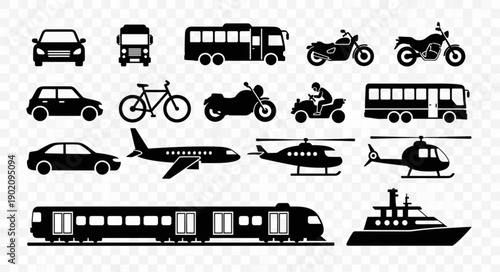 Collection of Transportation Silhouettes Isolated on White Background.
