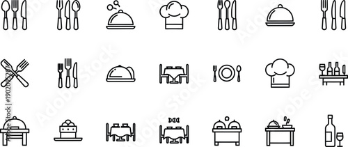 Restaurant and Dining Icons: Cutlery, Plates, Tables, and Chef Hats