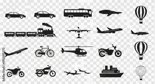 Collection of Transportation Silhouettes on Transparent Background.