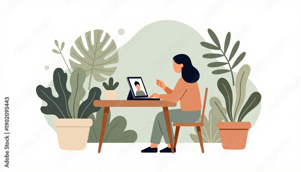 Fototapeta premium Woman working remotely on laptop in home office illustration