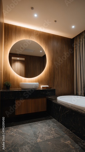 Luxury modern bathroom design with round mirror illuminated by warm light creating relaxing and peaceful mood for spa experience inside upscale hotel interior with marble floor and stylish bathtub