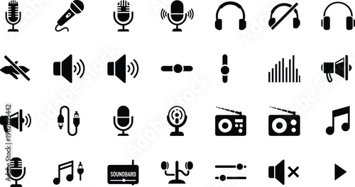 Set of 20 Black and White Icons for Sound, Music, and Audio Production Studio