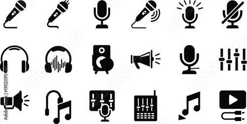 Collection of 15 Black Icons for Music, Audio, and Broadcasting Studio