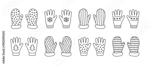 Black outline coloring set winter gloves and mittens with various patterns. Doodle style cozy glove collection for cold weather protection or Winter holiday design. Vector