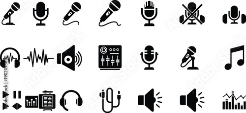 Set of 15 Black Icons for Audio, Music, and Sound Equipment