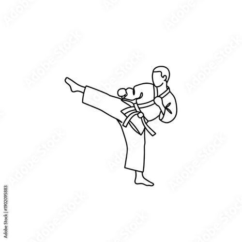 Martial artist practicing high kick in traditional karate pose, icon on transparent background  