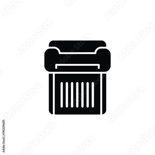 A black and white illustration of a paper shredder on a plain background