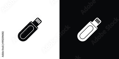 A black and white illustration of a USB flash drive on a split colored background