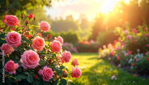 Pink roses blooming in golden sunlight garden with soft bokeh background summer morning