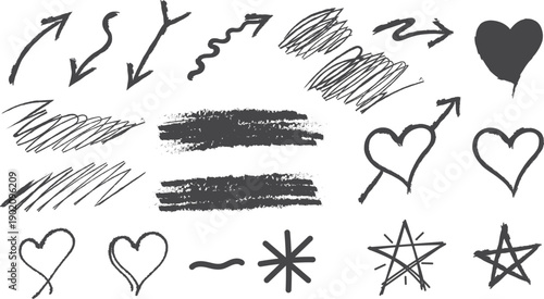 Collection of hand drawn arrows hearts and stars
